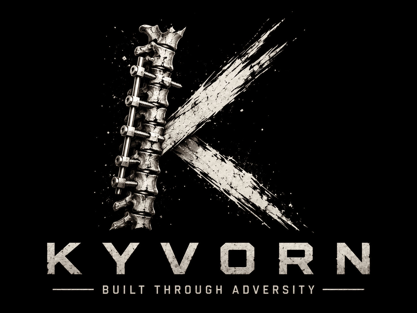 The Kyvorn mark: a K built from a fused spine with surgical hardware
